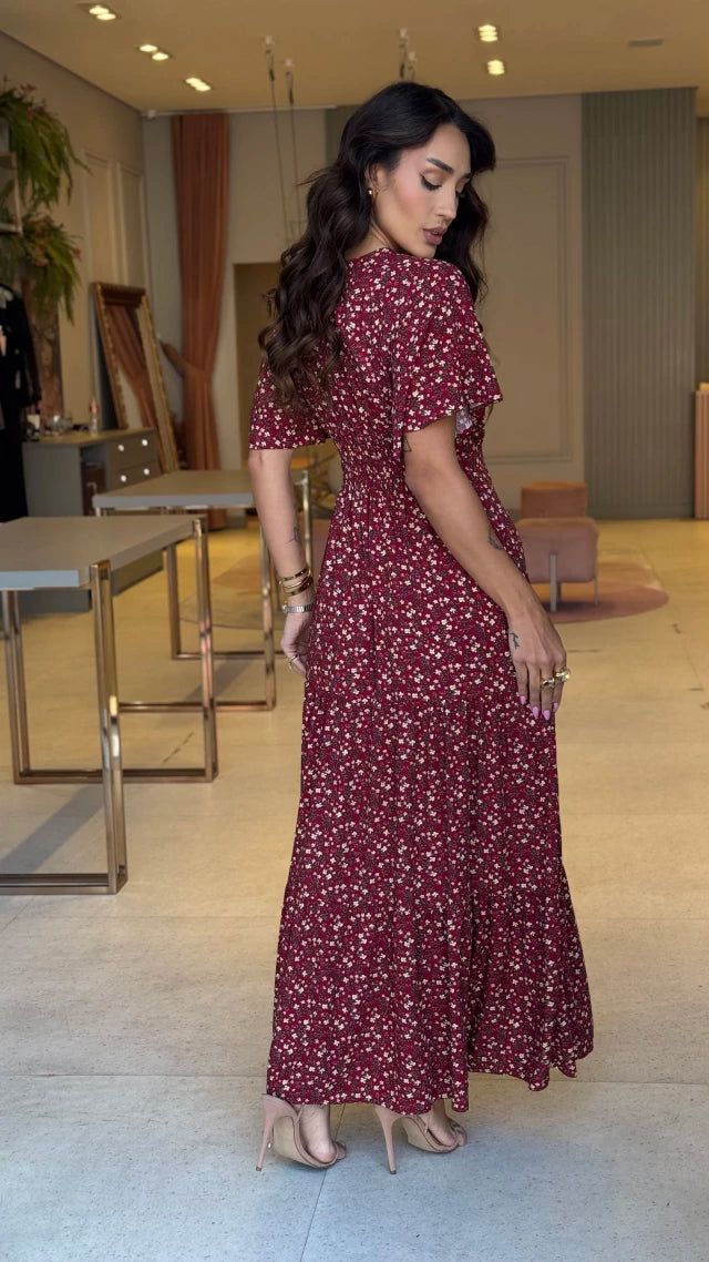 Vestido Manguinha Floral Lucy Marsala