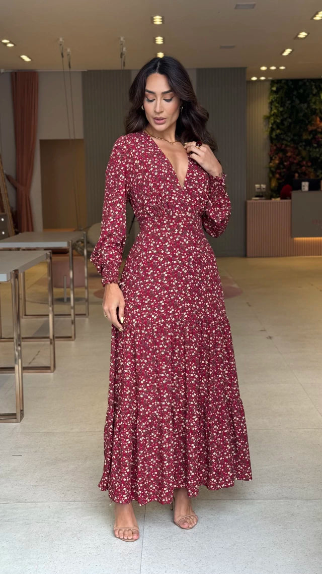 Vestido Manga Longa Larissa Floral Marsala