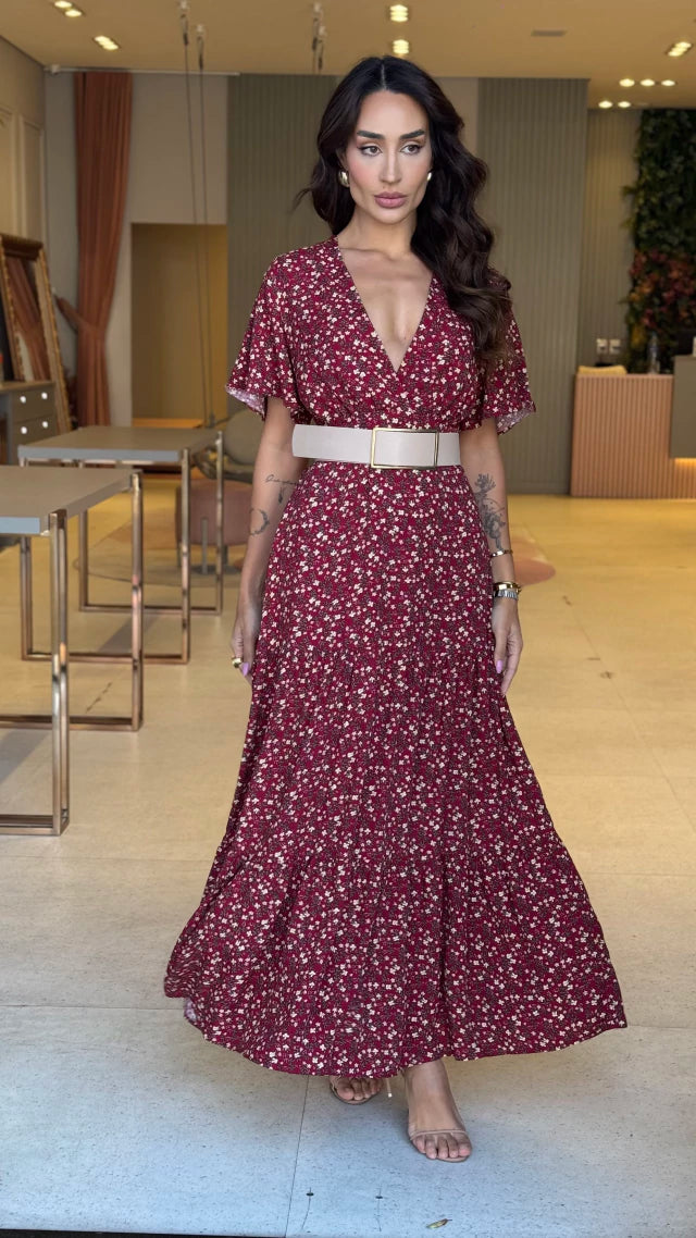 Vestido Manguinha Floral Lucy Marsala