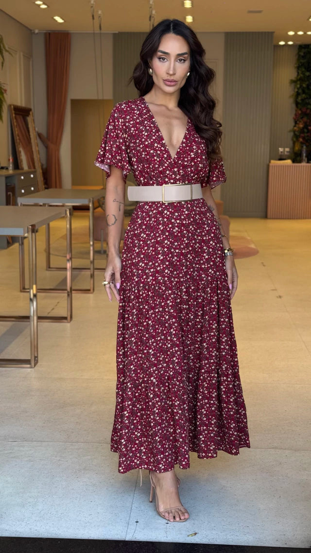 Vestido Manguinha Floral Lucy Marsala