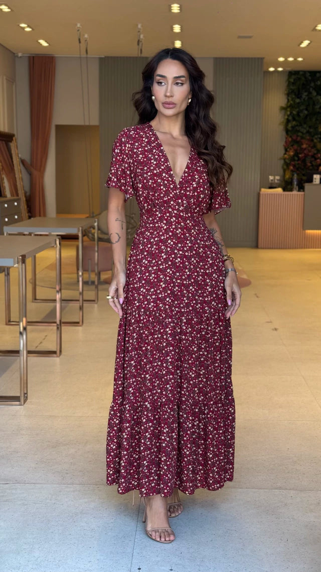Vestido Manguinha Floral Lucy Marsala