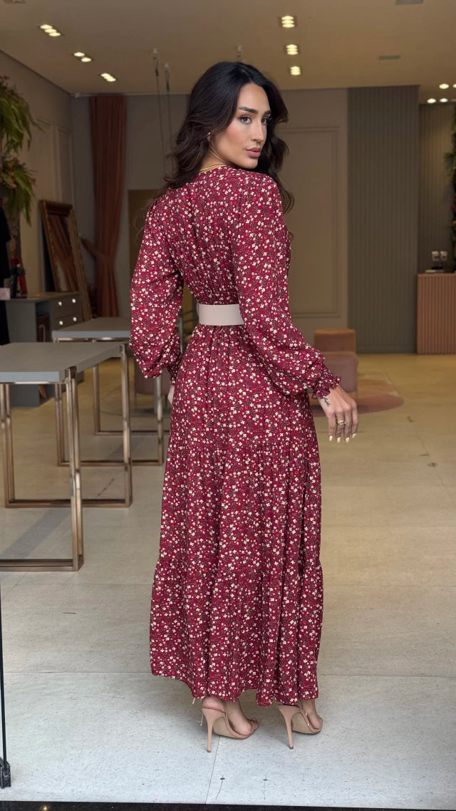 Vestido Manga Longa Larissa Floral Marsala